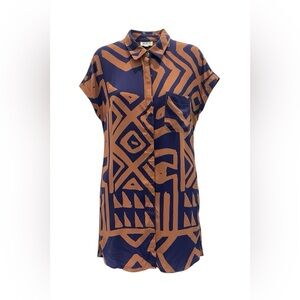 WHIT Navy and Tan Geometric Button Down Dress